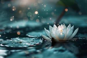 ai generiert ein Weiß Lotus im Wasser mit funkelnd Sterne im das Wasser foto