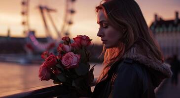 ai generiert ein Frau mit ein Strauß von Blumen Stehen in der Nähe von ein Brücke zu London Auge foto