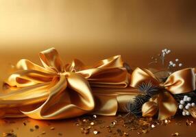ai generiert golden Weihnachten die Geschenke mit Band und Dekorationen foto