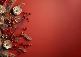 ai generiert Weihnachten Hintergrund mit rot Beeren und Kiefer Zapfen foto