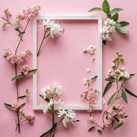 ai generiert ein Weiß Rahmen mit Blumen auf ein Rosa Hintergrund foto