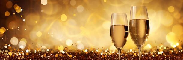 ai generiert zwei Champagner Brille gefüllt mit ein sprudelnd flüssig, einstellen gegen ein funkelnd golden Hintergrund, Champagner und Champagner Flöten, im das hell glitzernd Hintergrund foto