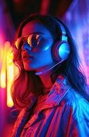 ai generiert ein jung Frau tragen bunt Kopfhörer im ein Neon- Licht, hyperreal foto