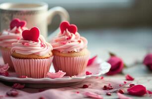 ai generiert süß Cupcakes zum Valentinstag Tag foto