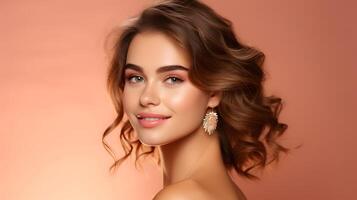 ai generiert schön kaukasisch Frau mit gesund perfekt Gesichts- Haut foto