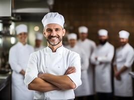 ai generiert Porträt von ein gut aussehend männlich Koch mit defokussiert andere Teamkollegen foto