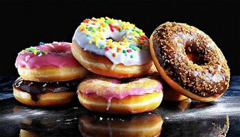 ai generiert Vielfalt von Donuts auf schwarz Hintergrund. Nahansicht. foto