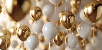 ai generiert Gold und Weiß Luftballons schweben auf ein Sanft Weiß Hintergrund foto