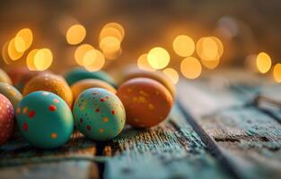 ai generiert Ostern Eier im hell Farben auf hölzern Tabelle Hintergrund foto