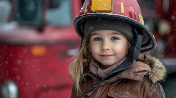 ai generiert wenig Mädchen tragen Feuerwehrmann Outfit mögen das Feuerwehrmann auf Feuer Motor Hintergrund, konzeptionelle von Phantasie und Traum Karriere, generativ ai foto