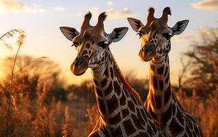 Savanne Gelassenheit Giraffen, Zebras, und lebendig Sonnenuntergang foto