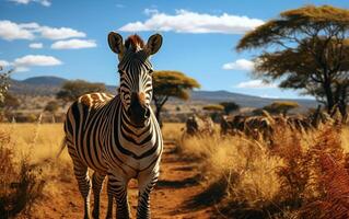 Savanne Harmonie afrikanisch Landschaft mit Zebras und Akazie Bäume foto