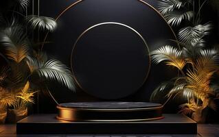 golden Eleganz realistisch 3d schwarz Sockel mit Palme Blätter auf schwarz Hintergrund foto