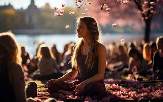 Kirsche blühen Yoga Rückzug städtisch Gelassenheit mit ein Frau im Pose foto