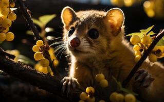 nachtaktiv Forscher Nahansicht von ein kinkajou Nahrungssuche im Bäume foto