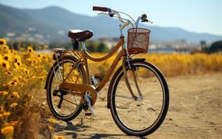 Sonnenblume Feld mit Jahrgang Fahrrad foto