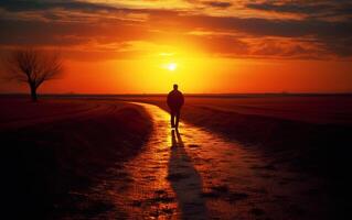 heiter Sonnenuntergang gehen einsam Mann auf ein szenisch Straße foto