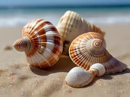 ai generiert ein Paar von Muscheln Sitzung auf oben von ein sandig Strand, tragen Muschel Kleidung, Muschel, Muschel Schale foto