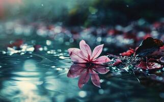 ai generiert das Rosa Blatt spiegelt im das Wasser foto