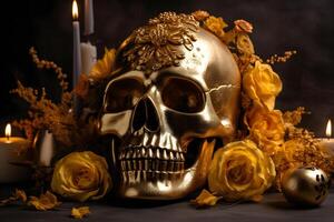 ai generiert golden Schädel mit Gelb Blumen auf dunkel Hintergrund zum dia de los Muertos oder Tag von das tot Feier, neural Netzwerk generiert Bild foto