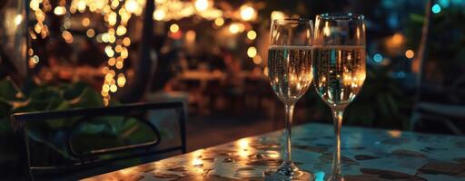 ai generiert zwei Brille von Champagner Sitzung auf ein Tabelle beim Nacht foto
