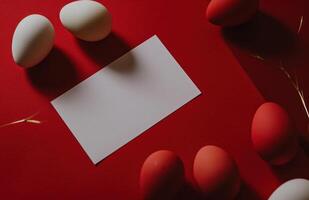 ai generiert leer leer Weiß Karte mit rot und Weiß Eier auf rot Hintergrund foto