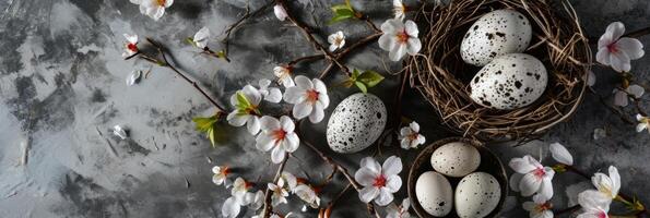 ai generiert Eier und Ei Nest im ein Nest von Blumen auf Stahl Teller foto