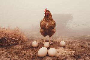 ai generiert Erbstück Eier. ein braun Hähnchen mit Eier Stehen Nächster zu Es, beim neblig Morgen, neural Netzwerk generiert fotorealistisch Bild foto