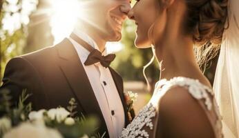 ai generiert Braut und Bräutigam Stehen im das Sonnenlicht während lächelnd foto