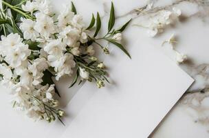 ai generiert Weiß Papier Vorlage und Bilder von Weiß Apsara Blumen auf ein Weiß Tabelle foto