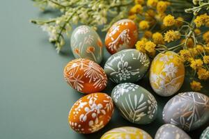 ai generiert Ostern Eier auf ein Grün Hintergrund, Blumen- Motive foto