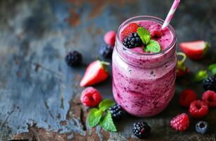 ai generiert köstlich hausgemacht Smoothie mit Beeren foto