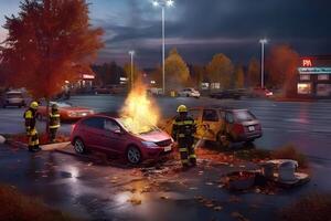 ai generiert ein Auto ist auf Feuer im ein Parkplatz Menge beim herbstlich Nacht, neural Netzwerk generiert Bild foto