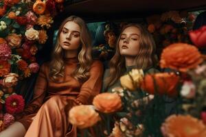 ai generiert zwei attraktiv blond kaukasisch jung Erwachsene Frauen auf zurück Sitz von teuer Auto umgeben mit Blumen, neural Netzwerk generiert fotorealistisch Bild foto