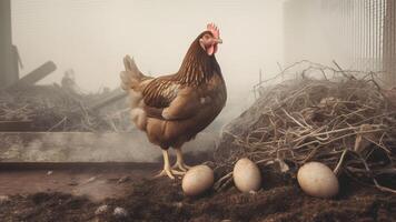 ai generiert Erbstück Eier. ein braun Hähnchen mit Eier Stehen Nächster zu Es, beim neblig Morgen, neural Netzwerk generiert fotorealistisch Bild foto