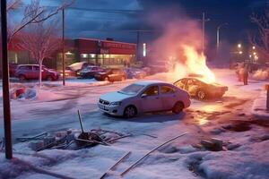 ai generiert ein Auto ist auf Feuer im ein Parkplatz Menge beim schneebedeckt Winter Nacht, neural Netzwerk generiert Bild foto