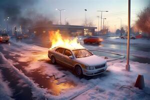 ai generiert ein Auto ist auf Feuer im ein Parkplatz Menge beim schneebedeckt Winter Morgen, neural Netzwerk generiert Bild foto