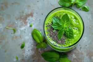 ai generiert Grün Smoothie mit Chia Saat und etwas Blätter, foto