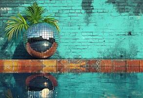 ai generiert Disko Ball Stehen auf Leiste mit Wasser foto