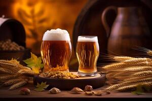 ai generiert Oktoberfest Bier Brille voll von Bier und Bier Fass mit Weizen auf hölzern Tisch, neural Netzwerk generiert fotorealistisch Bild foto