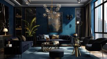 ai generiert futuristisch Leben Zimmer mit Blau Wände und schwarz Möbel foto