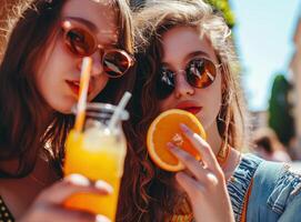 ai generiert Mädchen im Sonnenbrille genießen Obst Getränke auf ein Straße foto