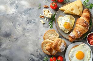 ai generiert Frühstück Croissants, Eier, Tomate, und Käse eben Layout foto