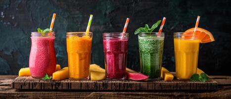 ai generiert fünf anders Typen von Smoothies platziert gegen ein hölzern Tafel foto