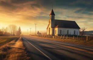 ai generiert ein Kirche Nächster zu ein leeren Straße beim Sonnenaufgang, foto