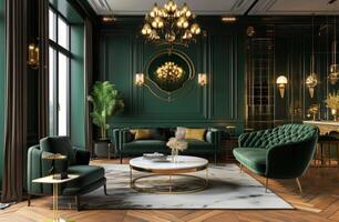 ai generiert Leben Zimmer im dunkel Grün Farbe mit Gold Dekor foto