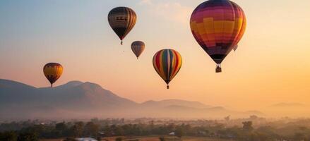 ai generiert ein Gruppe von bunt heiß Luft Luftballons beim Sonnenuntergang foto