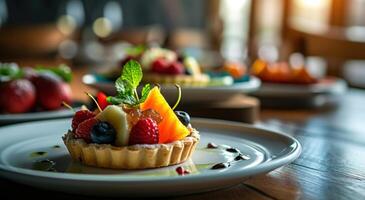 ai generiert ein Obst Torte ist Sitzung auf ein Weiß Teller mit andere Geschirr foto