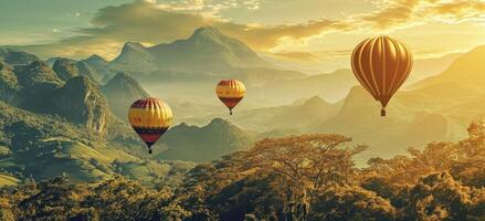 ai generiert ein Gruppe von heiß Luft Luftballons fliegt Über ein Berg Angebot foto