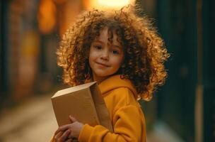 ai generiert ein klein Mädchen mit lockig Haar hält ein Papier Paket foto